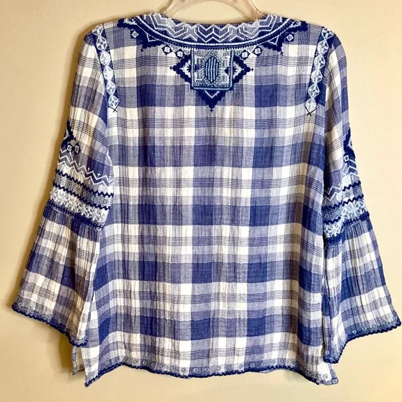 Johnny Was Simonee Flare Sleeve Blouse Plaid Geometric Embroidery Blue Size XS